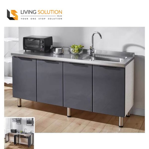 160cm Grey Tempered Glass Door Stainless Steel Top Wooden Kitchen Cabinet Single Sink