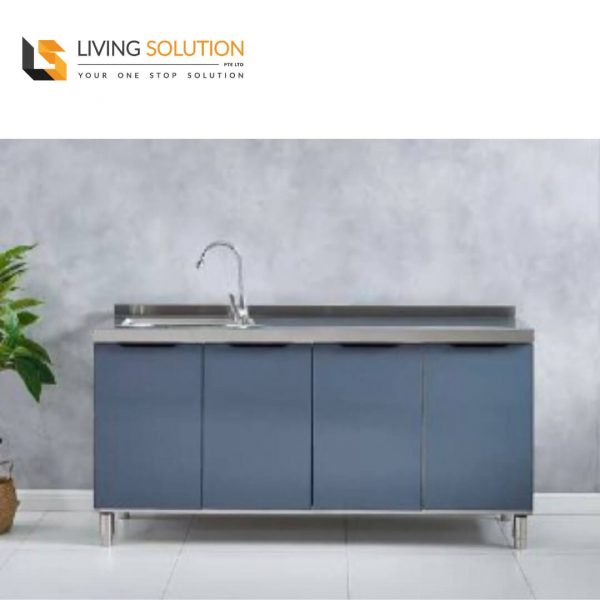 160cm Grey Tempered Glass Door Stainless Steel Kitchen Cabinet Single Sink