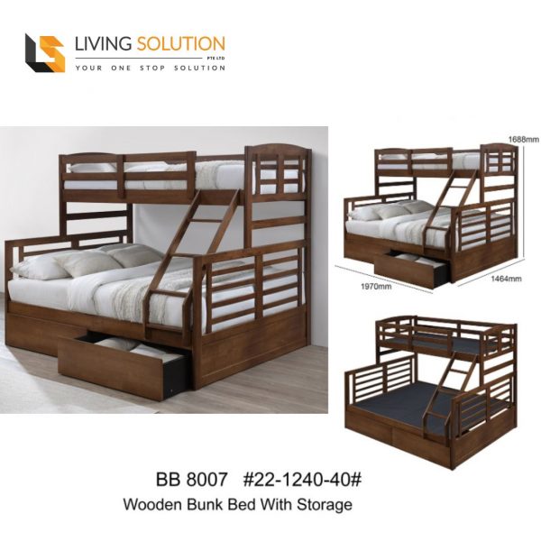 BB 8007 Triple Bed Solid Rubber Wood with 2 Drawers Bunk Bed Double Decker