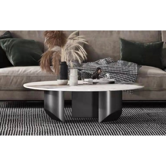 Rella Designer Sintered Stone Top Coffee Table with Black Stainless Steel Base