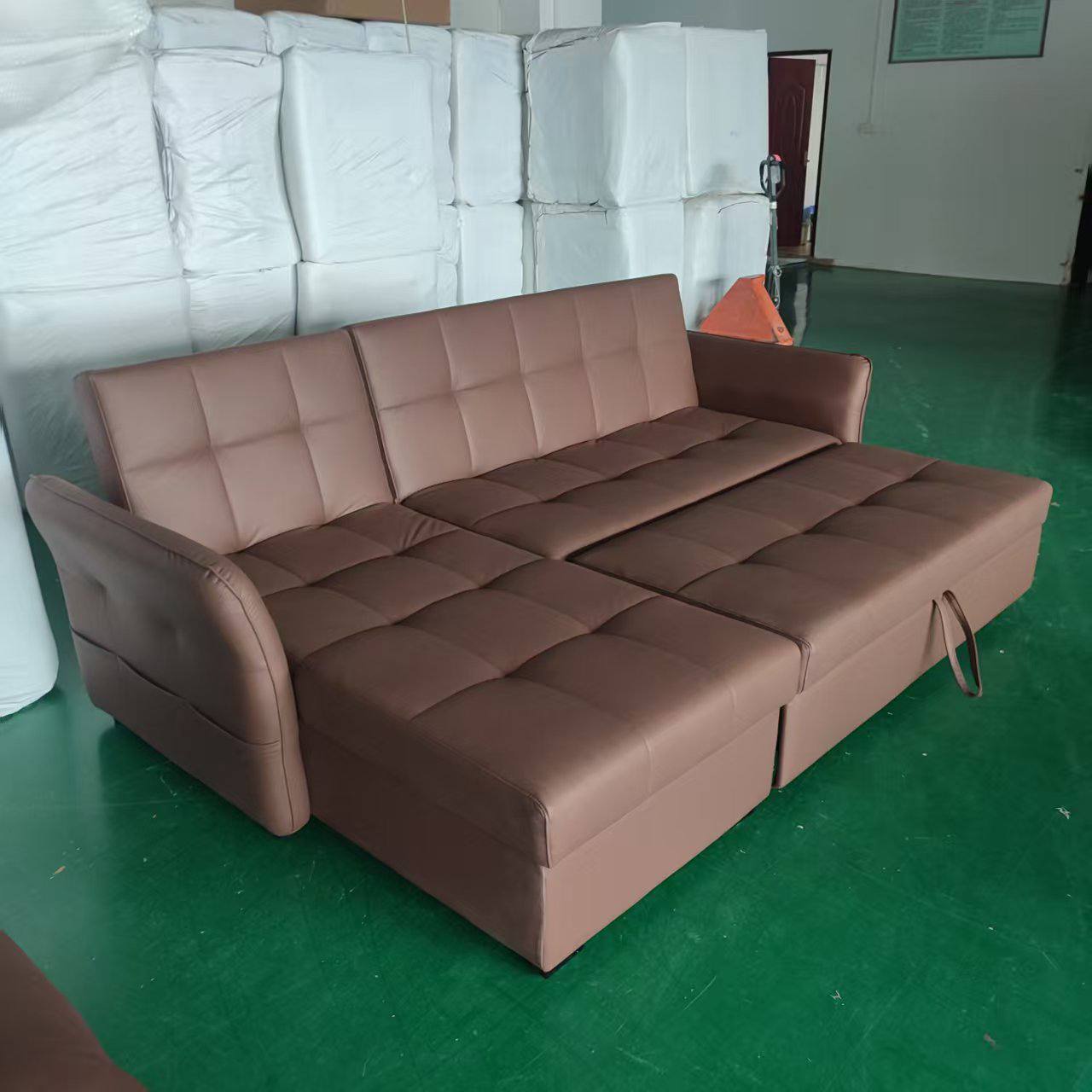 Carra L Shape Sofa Bed with Storage in brown extend out Carra L Shape Sofa Bed with Storage in brown extend out