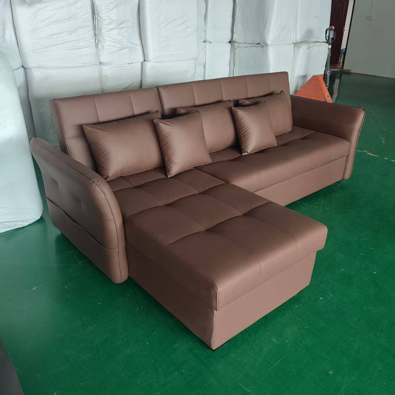 Carra L Shape Sofa Bed with Storage in brown side view Carra L Shape Sofa Bed with Storage in brown side view
