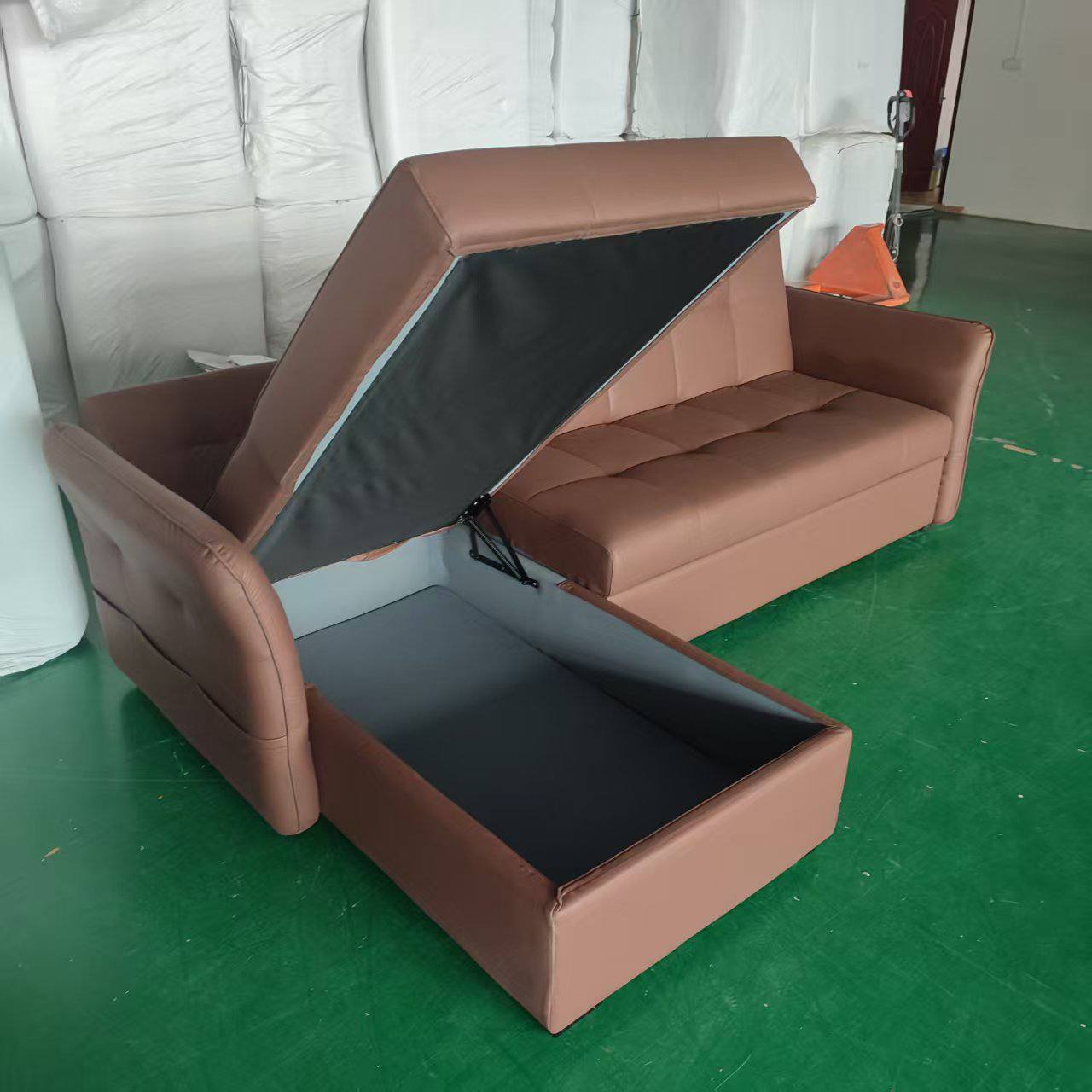 Carra L Shape Sofa Bed with Storage in brown with storage view Carra L Shape Sofa Bed with Storage in brown with storage view