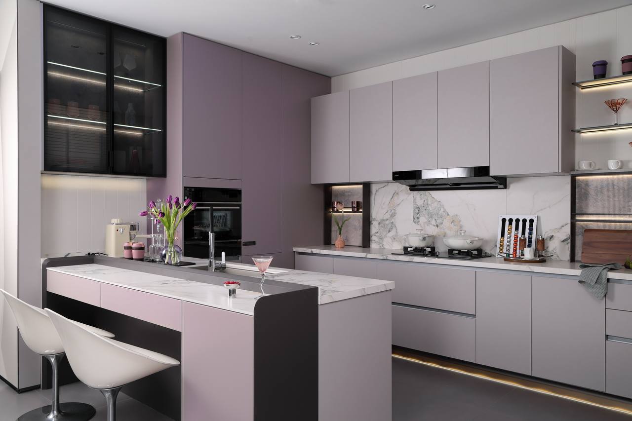 Custom Purple Kitchen Island and Wooden Kitchen Cabinet Living Solution x Oppolia Singapore