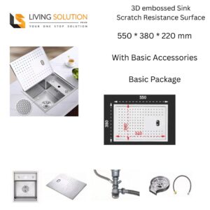 Kanna 558mm 3D Embossed Stainless Steel Single Bowl Kitchen Sink Mini Sink with Cover - Basic